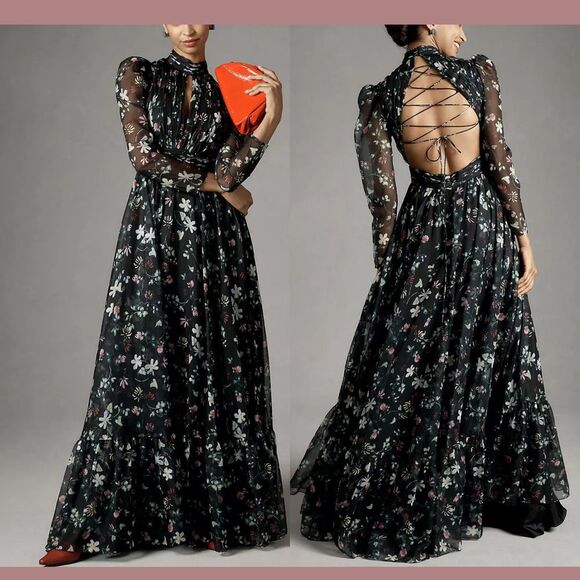 Mac Duggal Dresses & Skirts - NWT $598 MAC DUGGAL [ 6 ] Chiffon Floral Hi Neck Puff Sleeve‎ Gown Black